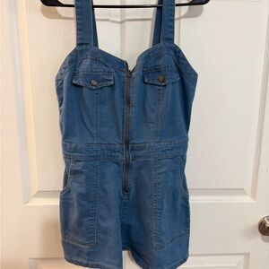 Women’s Blue Denim Romper with Front Zip